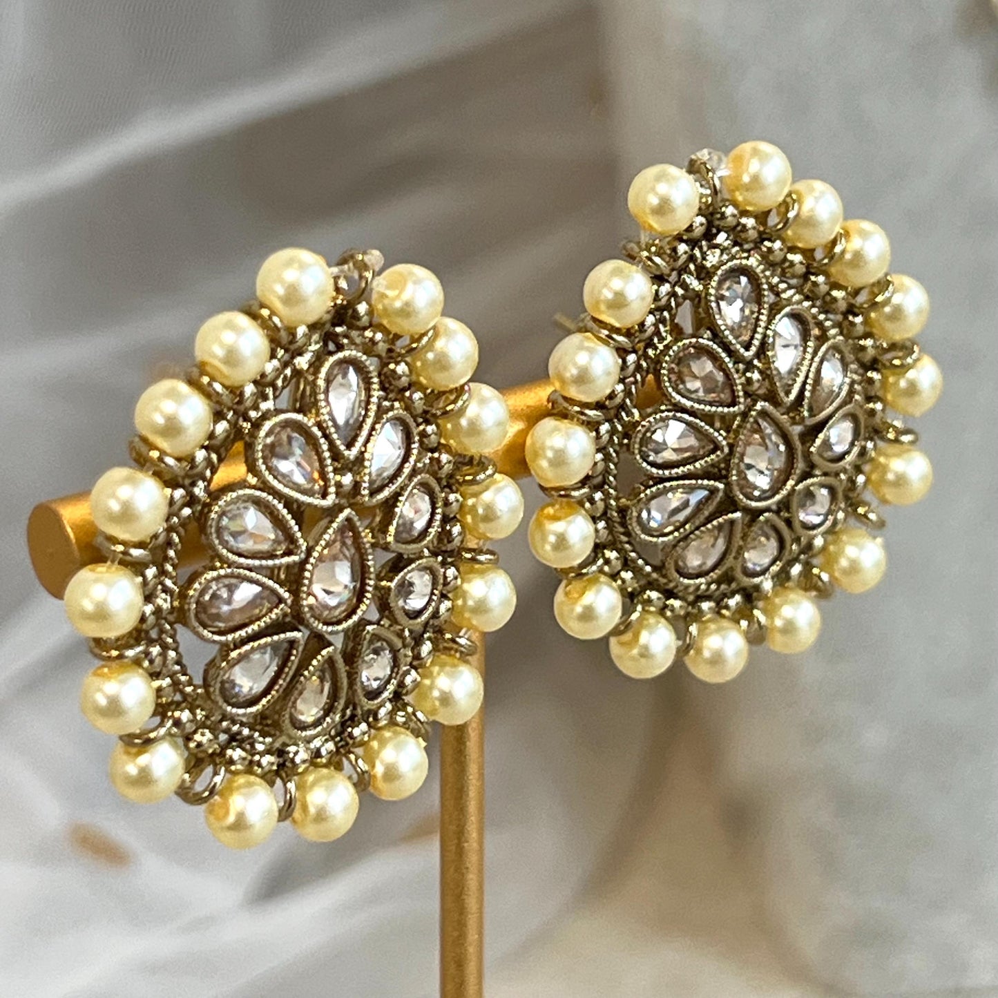 Champagne/ Pearl-Long Necklace and Earring set/Antique Gold with Zircon Crystal and Stud earring. No Tikka/ Pakistani/ Indian Fashion Set