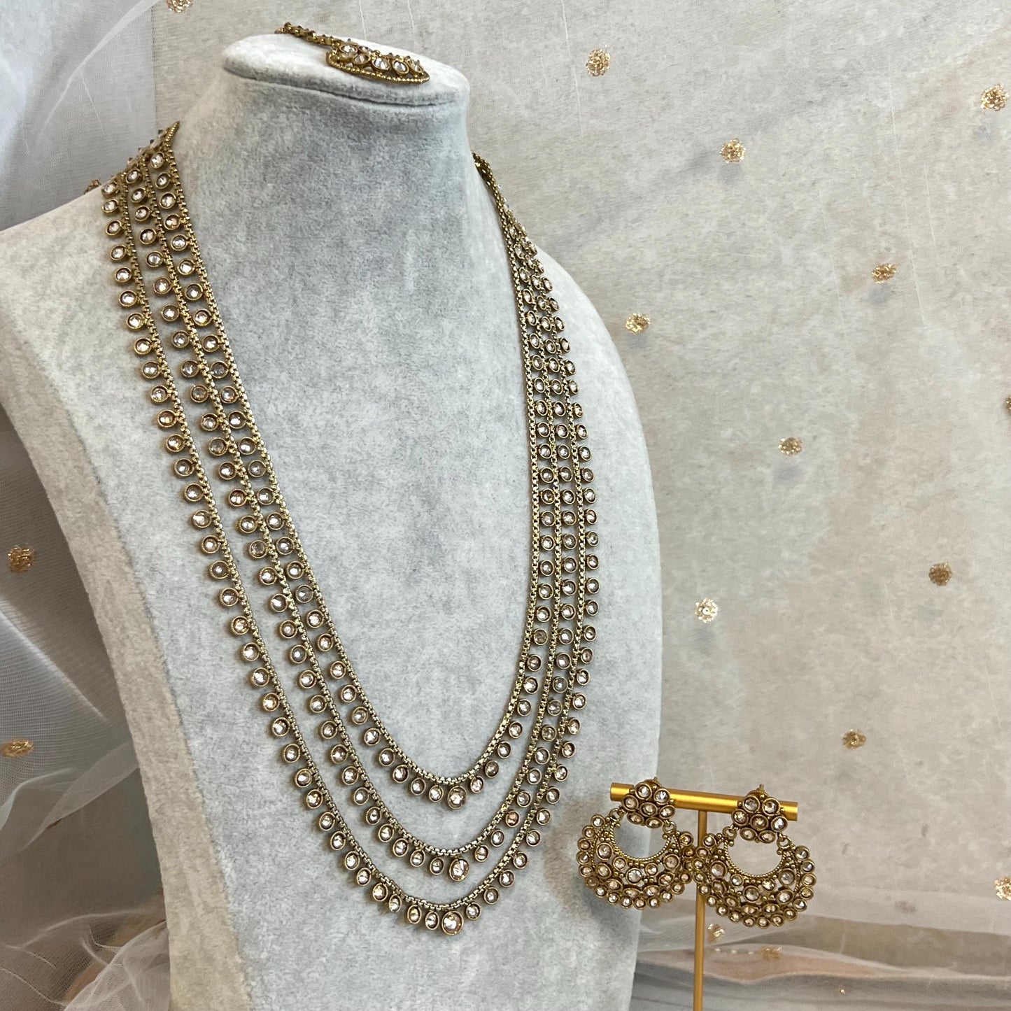 Champagne 3 Strand Long Necklace Set/ Antique Gold with Champagne Zircon Crystal, Stud earring and Tikka/ Pakistani/ Indian Fashion Set