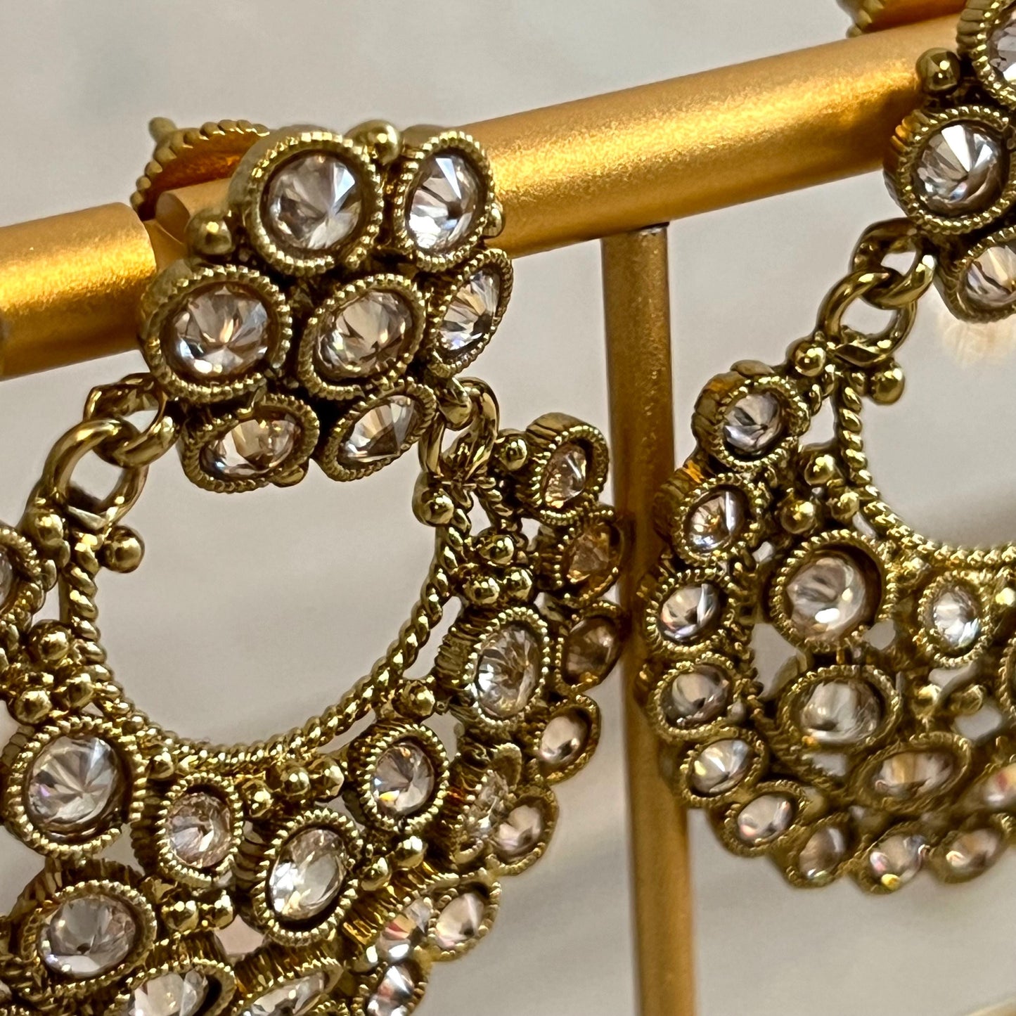 Champagne 3 Strand Long Necklace Set/ Antique Gold with Champagne Zircon Crystal, Stud earring and Tikka/ Pakistani/ Indian Fashion Set