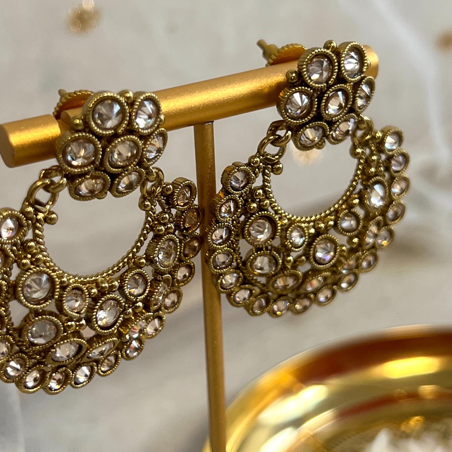 Champagne 3 Strand Long Necklace Set/ Antique Gold with Champagne Zircon Crystal, Stud earring and Tikka/ Pakistani/ Indian Fashion Set