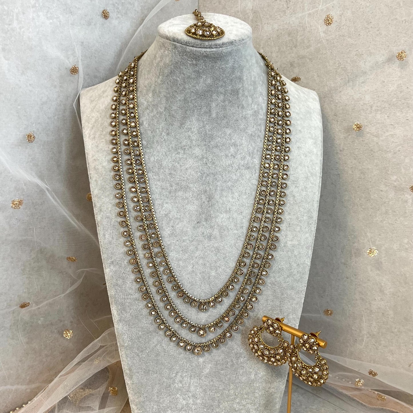 Champagne 3 Strand Long Necklace Set/ Antique Gold with Champagne Zircon Crystal, Stud earring and Tikka/ Pakistani/ Indian Fashion Set