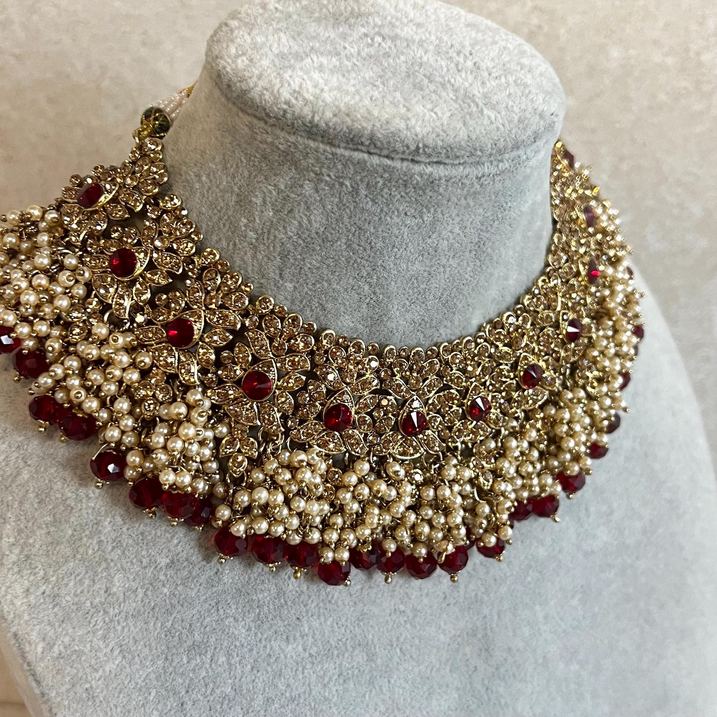 Maroon Bridal Necklace Set Indian/ Pakistani Style/ Wedding/ Fashion Jewellery/ Necklace set/Jhumka Earring/ Tikka/ High Quality Bridal Set