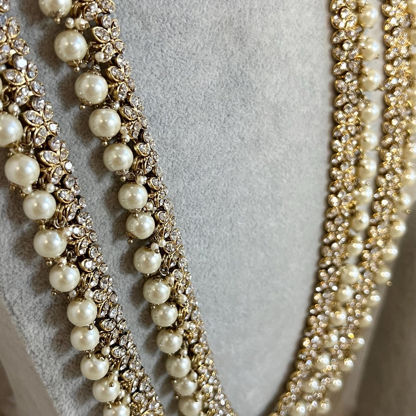 Antique Gold with Clear Rhinestone Long Necklace set With Jhumka Earring and Tikka/long necklace/ Haar/ Mala/ Earring/Wedding/Fashion/ Bride