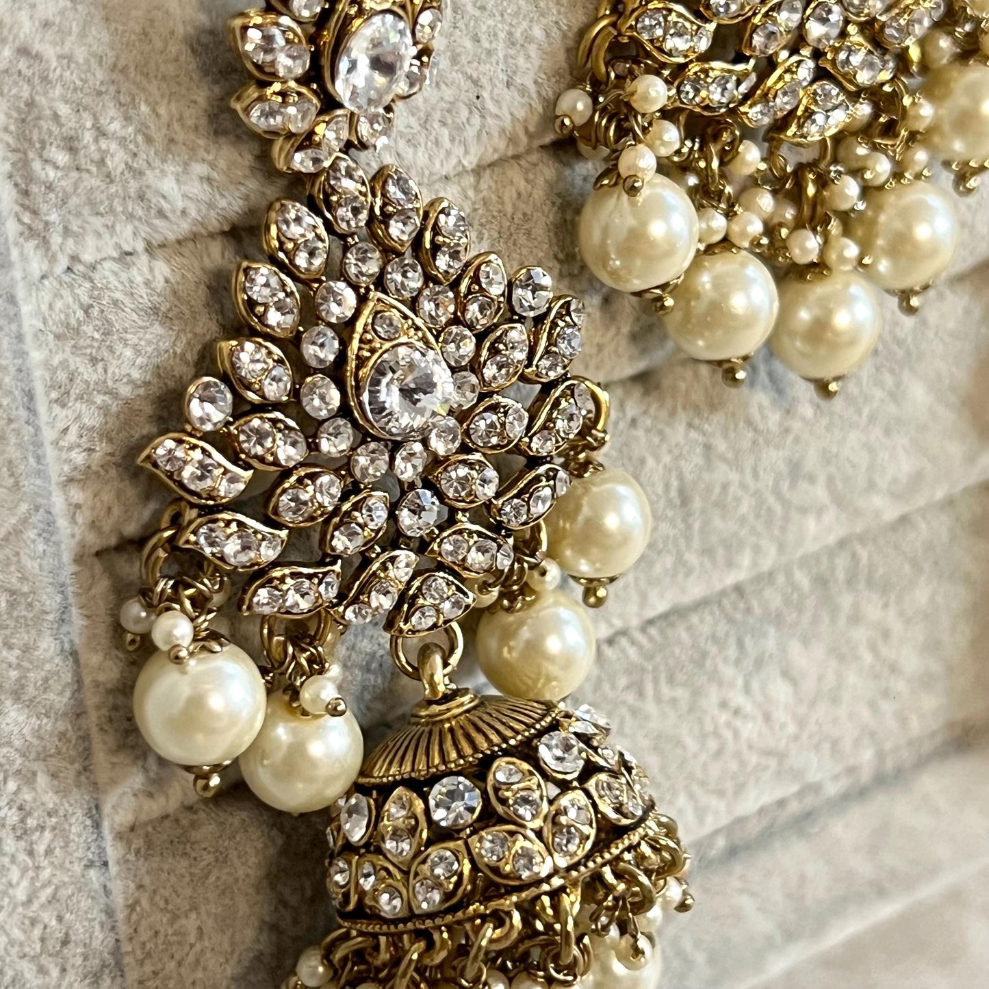 Antique Gold with Clear Rhinestone Long Necklace set With Jhumka Earring and Tikka/long necklace/ Haar/ Mala/ Earring/Wedding/Fashion/ Bride