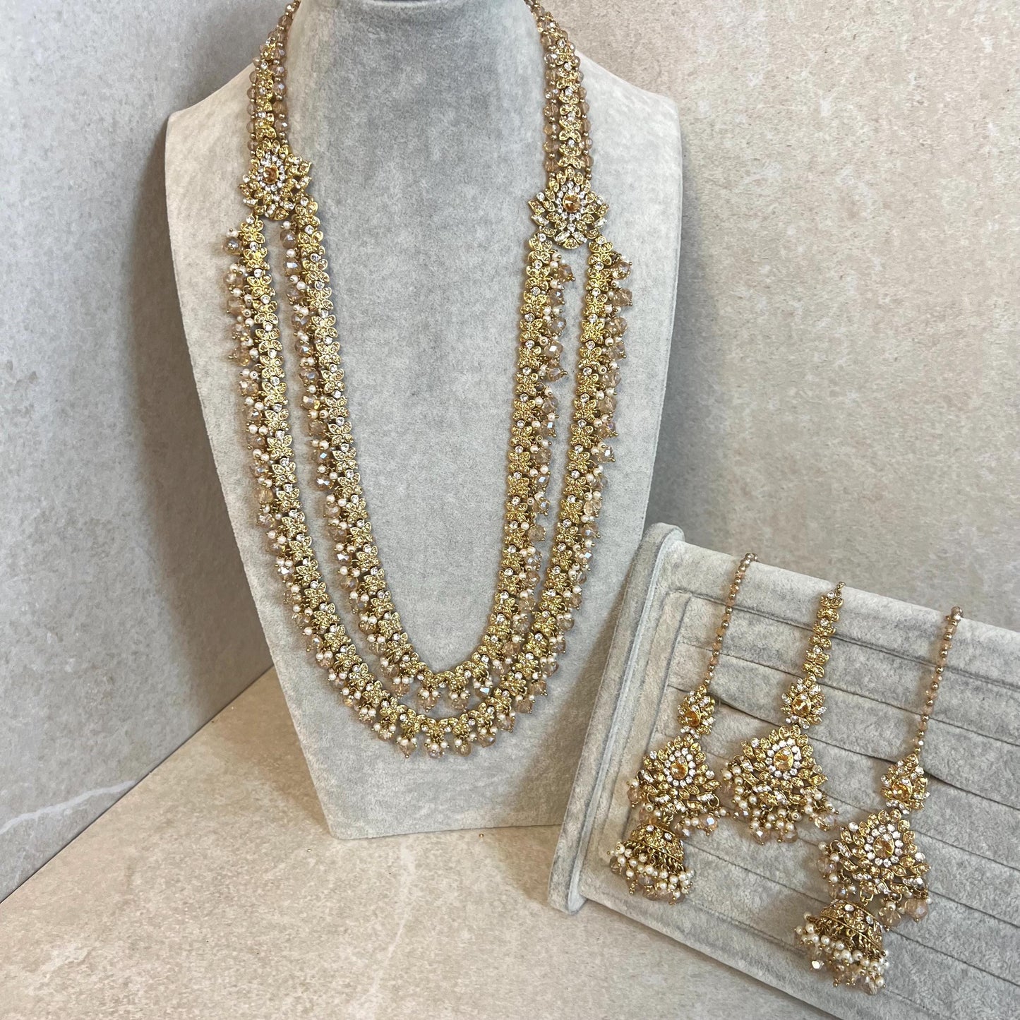 Gold /Antique Gold with Golden Rhinestone Long Necklace set With Jhumka Earring and Tikka/long necklace/ Haar/ Mala/ Earring/Wedding/Fashion