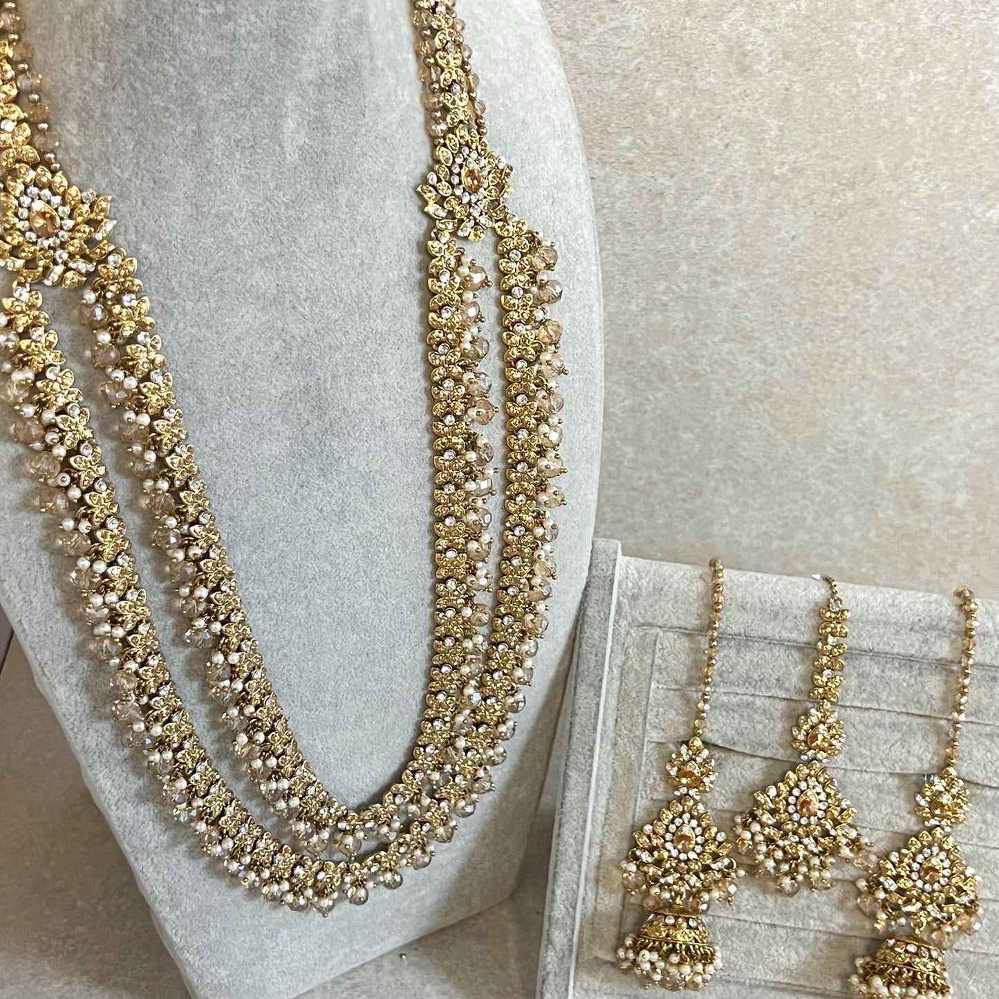 Gold /Antique Gold with Golden Rhinestone Long Necklace set With Jhumka Earring and Tikka/long necklace/ Haar/ Mala/ Earring/Wedding/Fashion
