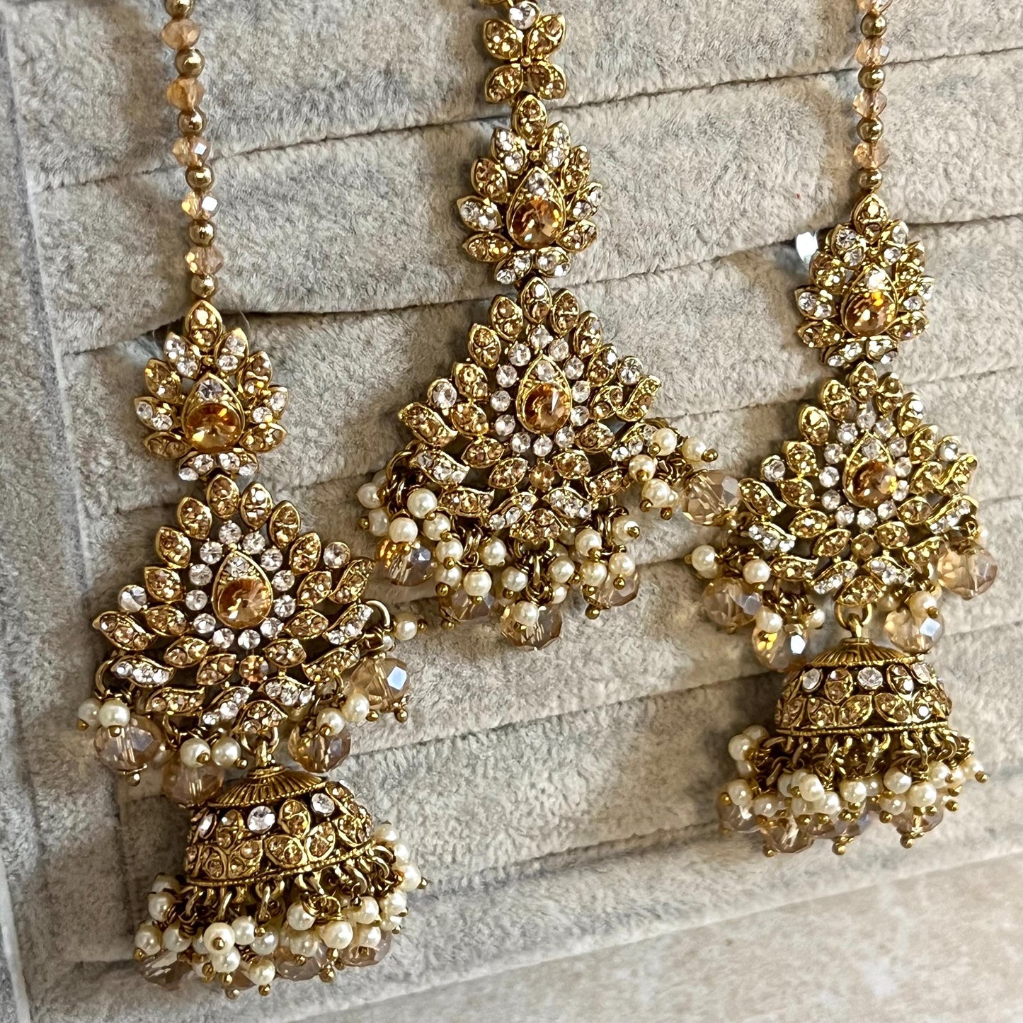 Gold /Antique Gold with Golden Rhinestone Long Necklace set With Jhumka Earring and Tikka/long necklace/ Haar/ Mala/ Earring/Wedding/Fashion