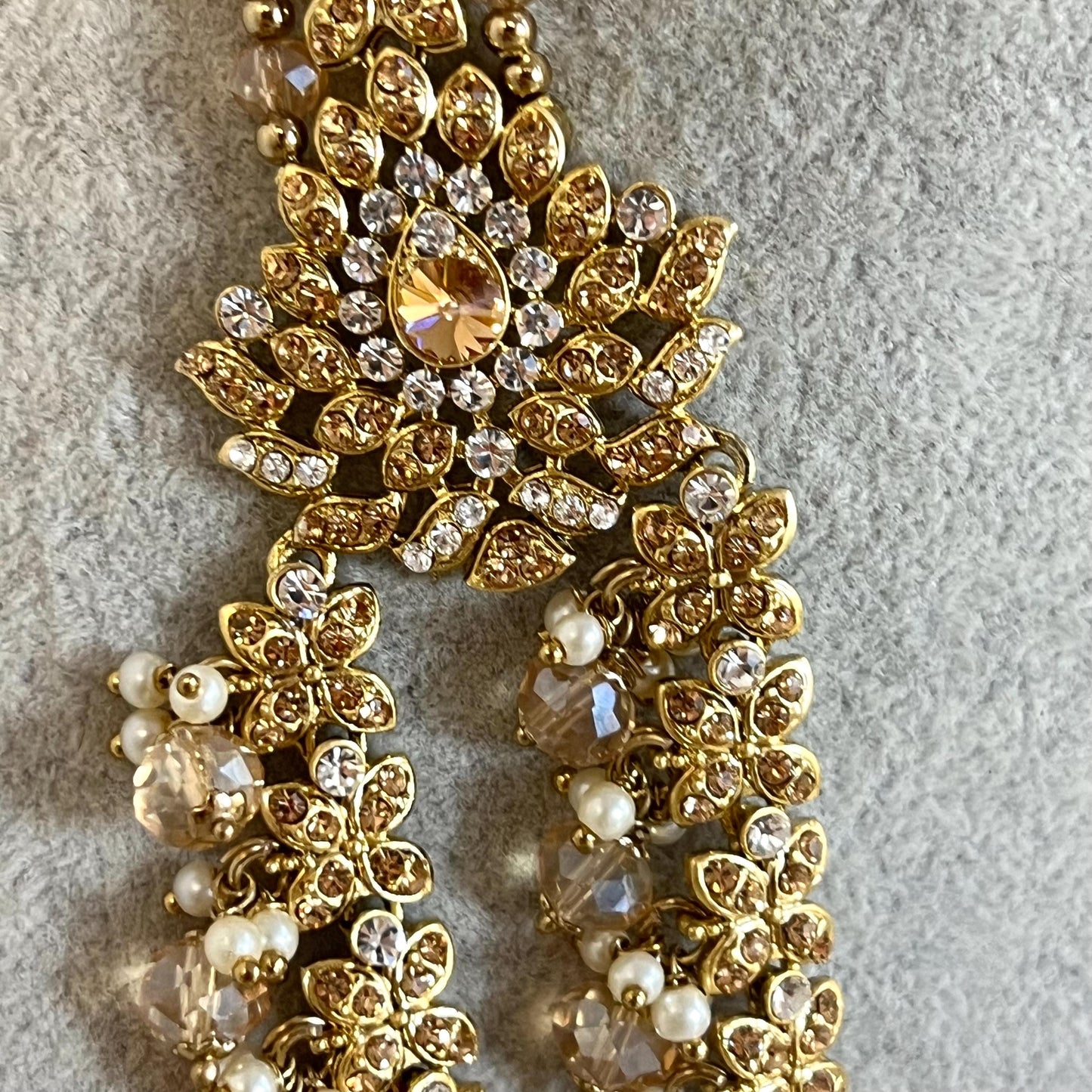 Gold /Antique Gold with Golden Rhinestone Long Necklace set With Jhumka Earring and Tikka/long necklace/ Haar/ Mala/ Earring/Wedding/Fashion