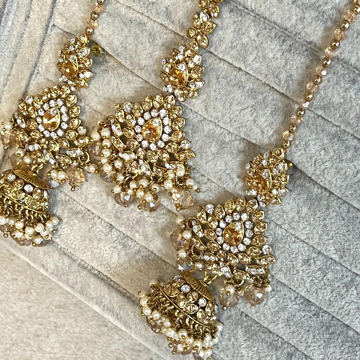 Gold /Antique Gold with Golden Rhinestone Long Necklace set With Jhumka Earring and Tikka/long necklace/ Haar/ Mala/ Earring/Wedding/Fashion