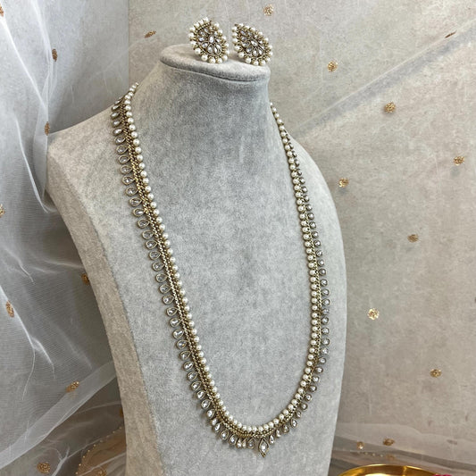 Clear/ Pearl-Long Necklace and Earring set/Antique Gold with Zircon Crystal and Stud earring. No Tikka/ Pakistani/ Indian Fashion Set