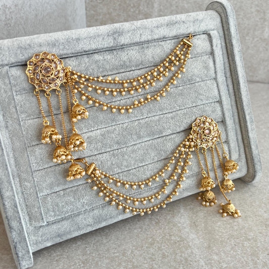 Golden Jhumka Earrings With Ear Chains/Saharay/ Indian Style Earring