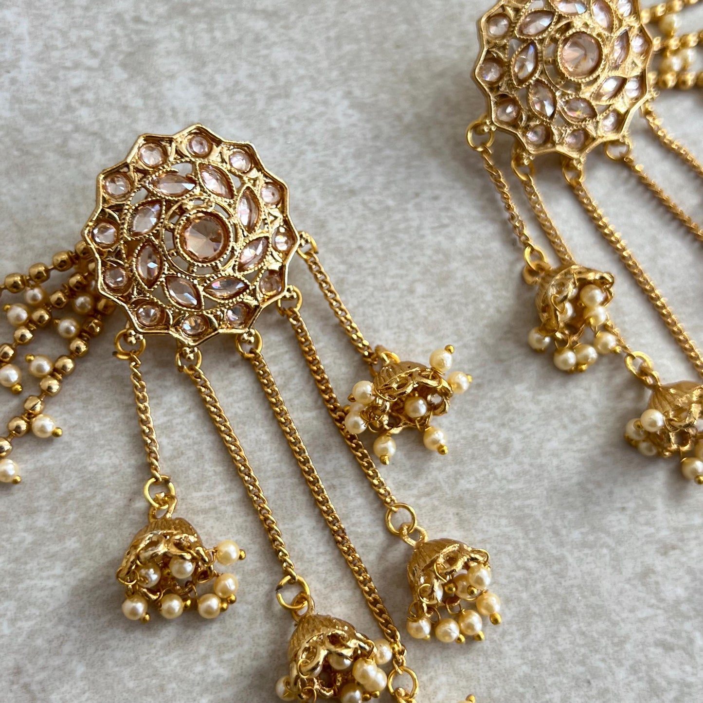 Golden Jhumka Earrings With Ear Chains/Saharay/ Indian Style Earring