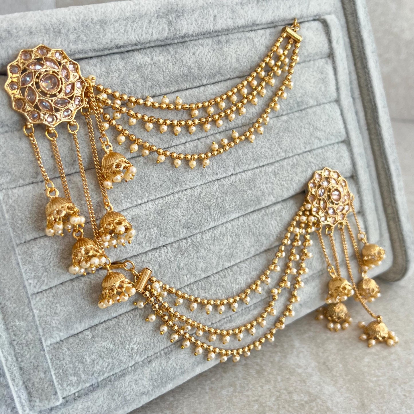 Golden Jhumka Earrings With Ear Chains/Saharay/ Indian Style Earring