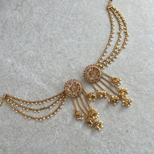 Golden Jhumka Earrings With Ear Chains/Saharay/ Indian Style Earring/ Pearl Floral Design