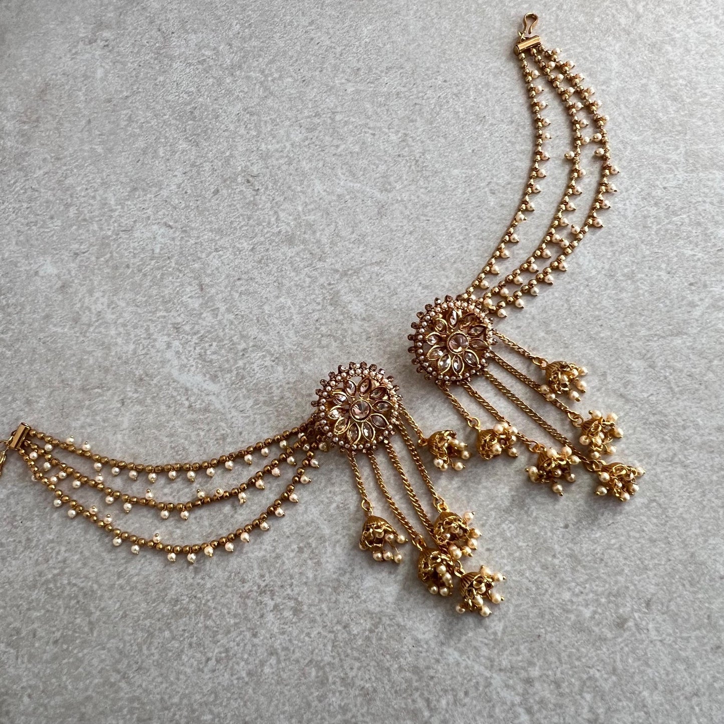 Golden Jhumka Earrings With Ear Chains/Saharay/ Indian Style Earring/ Pearl Floral Design