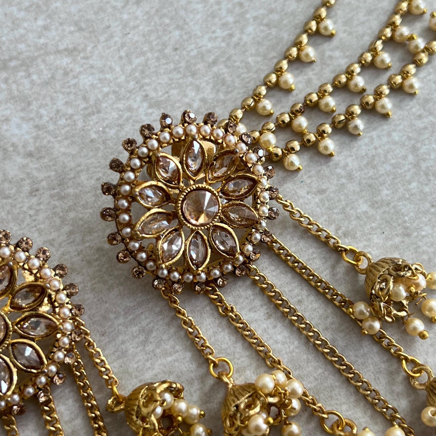 Golden Jhumka Earrings With Ear Chains/Saharay/ Indian Style Earring/ Pearl Floral Design