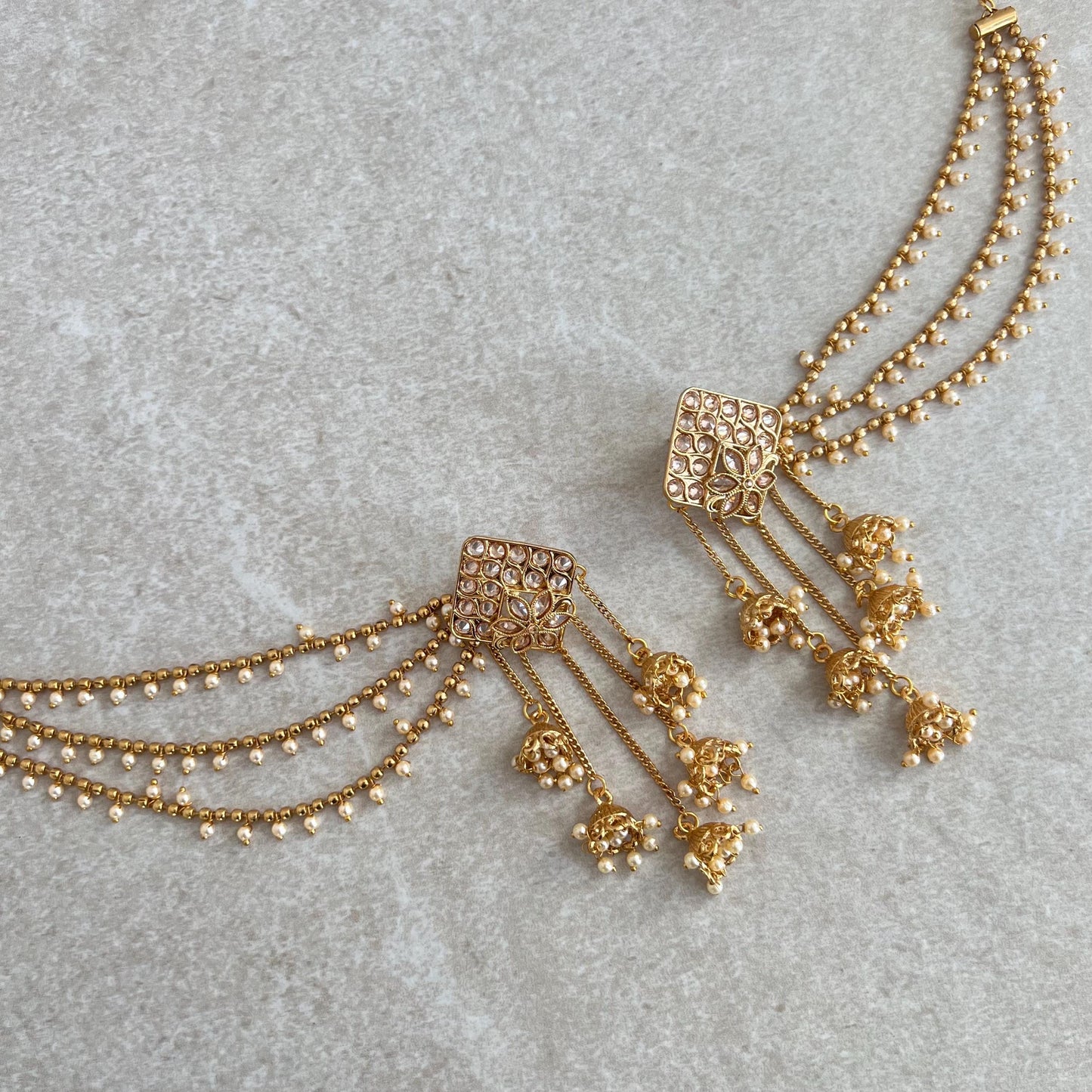 Golden Jhumka Earrings With Ear Chains/Saharay/ Indian Style Earring/ Square Design