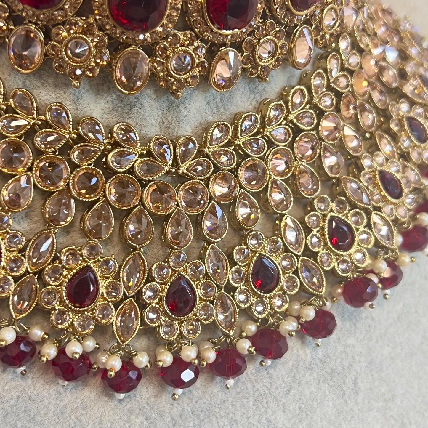 Maroon Bridal Choker Necklace set with Earring, Tikka and Jhumar Indian/ Pakistani Style/ Wedding/ Antique Gold/ Champagne Crystals