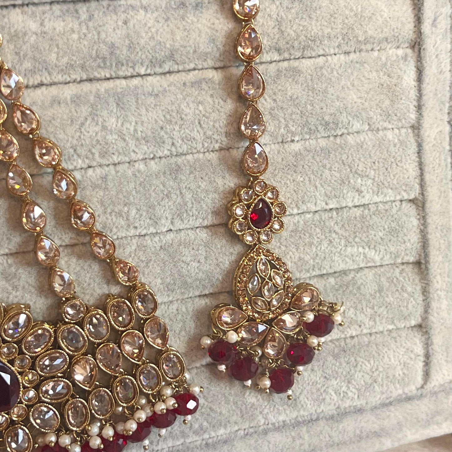 Maroon Bridal Choker Necklace set with Earring, Tikka and Jhumar Indian/ Pakistani Style/ Wedding/ Antique Gold/ Champagne Crystals