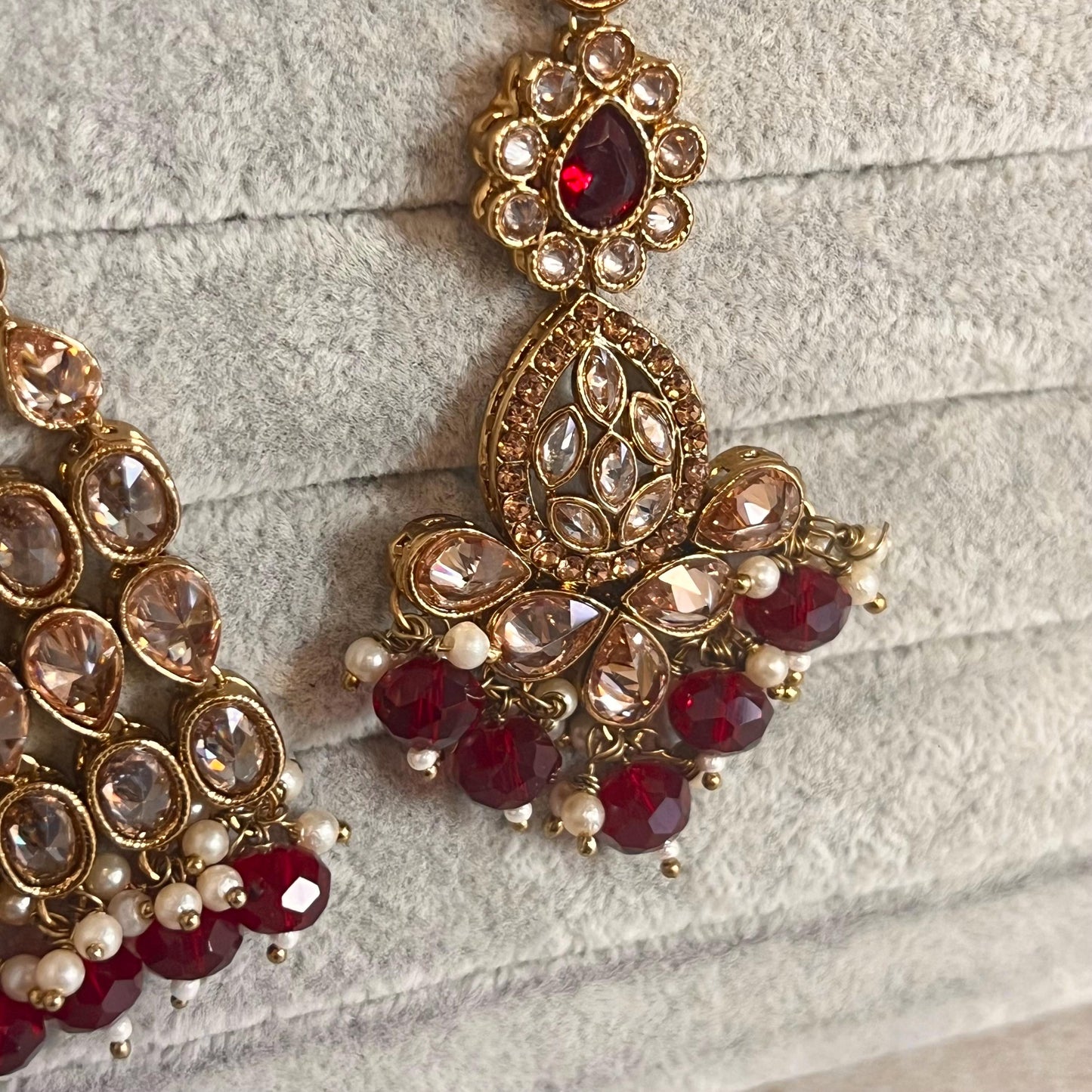 Maroon Bridal Choker Necklace set with Earring, Tikka and Jhumar Indian/ Pakistani Style/ Wedding/ Antique Gold/ Champagne Crystals