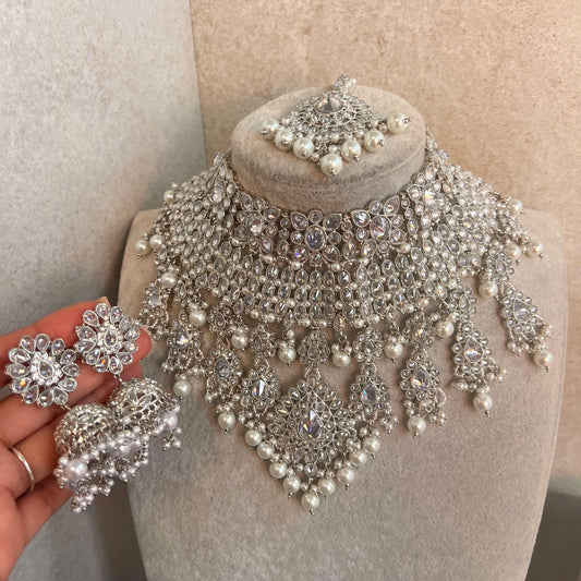 Silver Bridal Set - Pearl Indian/ Pakistani Style With Jhumka earring, Tikka/Tikli/ Heavy Set/ Wedding/ Fashion Jewellery/ Necklace set