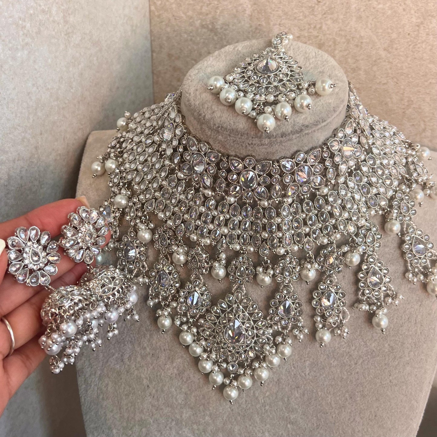 Silver Bridal Set - Pearl Indian/ Pakistani Style With Jhumka earring, Tikka/Tikli/ Heavy Set/ Wedding/ Fashion Jewellery/ Necklace set