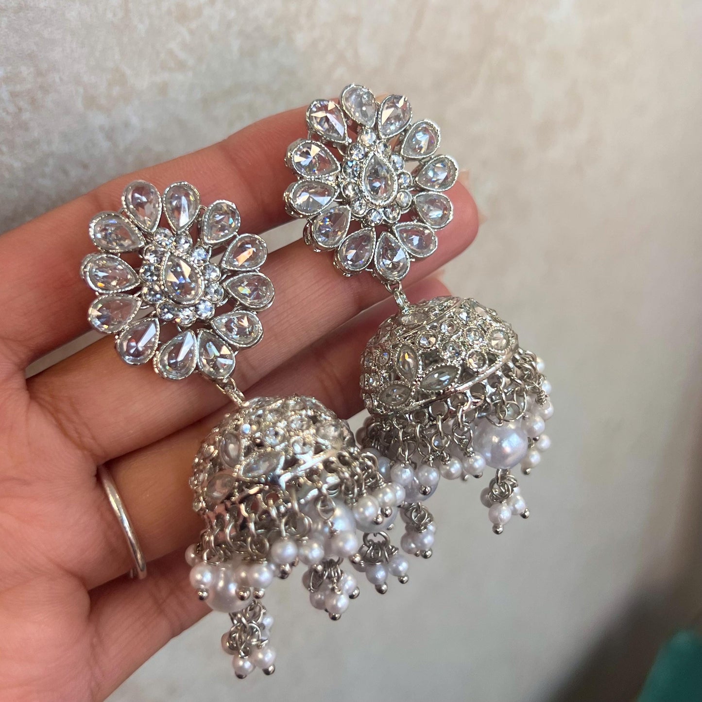 Silver Bridal Set - Pearl Indian/ Pakistani Style With Jhumka earring, Tikka/Tikli/ Heavy Set/ Wedding/ Fashion Jewellery/ Necklace set