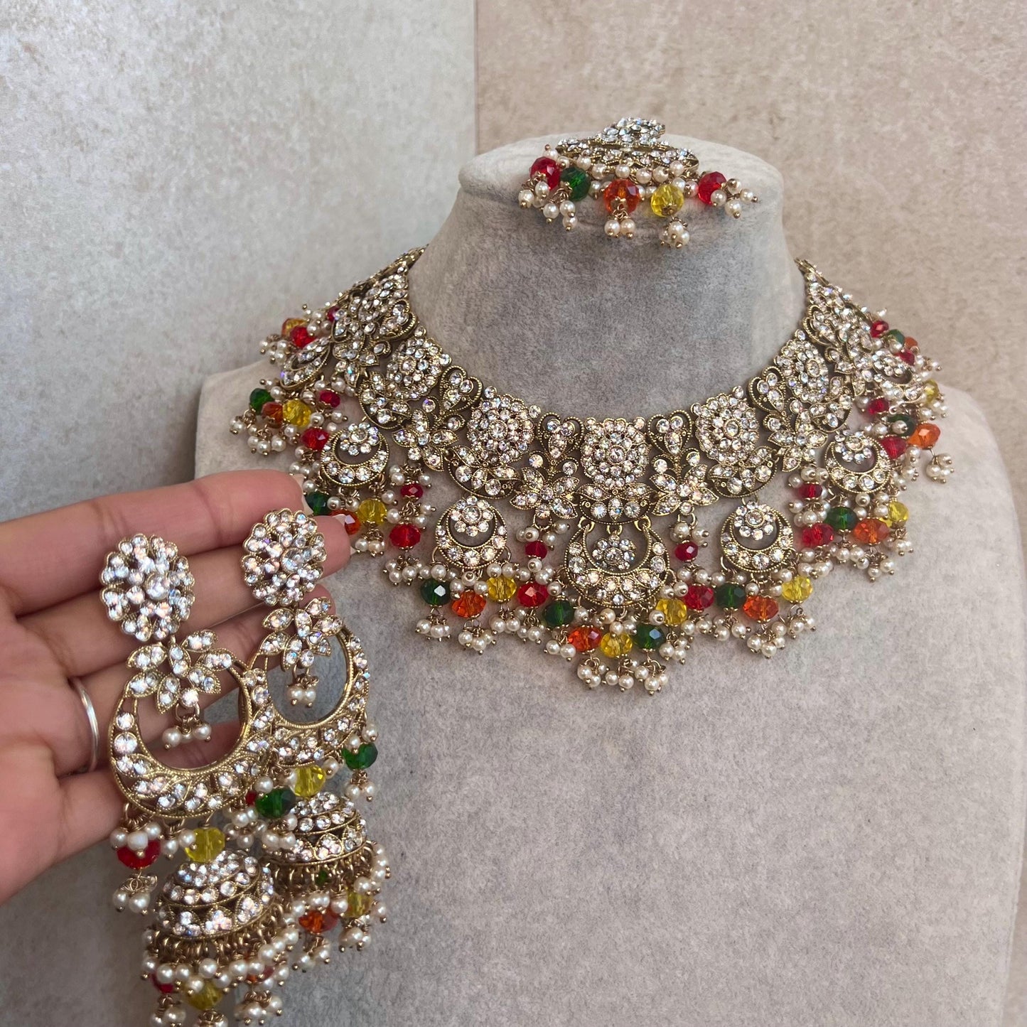 Multicolour Necklace Set  - Multicolour Earring/ Tikka/ Tikli/ Indian/ Pakistani/Fashion Jewellery/Mendhi/ Green, Orange, Yellow and Red