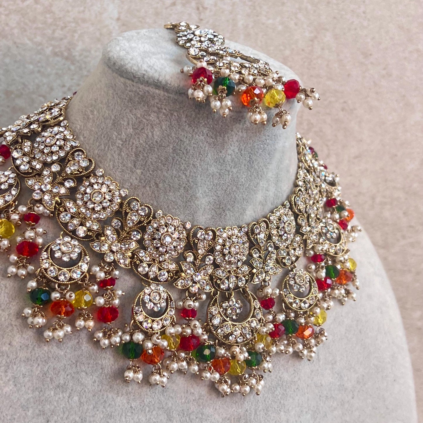 Multicolour Necklace Set  - Multicolour Earring/ Tikka/ Tikli/ Indian/ Pakistani/Fashion Jewellery/Mendhi/ Green, Orange, Yellow and Red