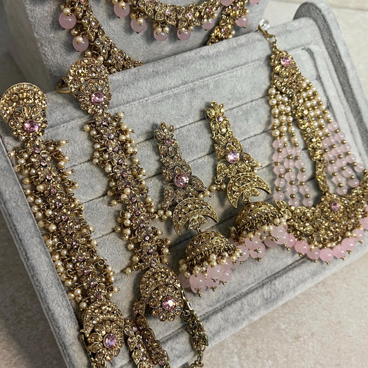 Light Pink/Gold long Choker Set/ Mala/Earring/ Jhumar and 2 Hand Harness Indian/ Pakistani/Fashion Jewellery/No Tikka/ Bridal/Choker Set