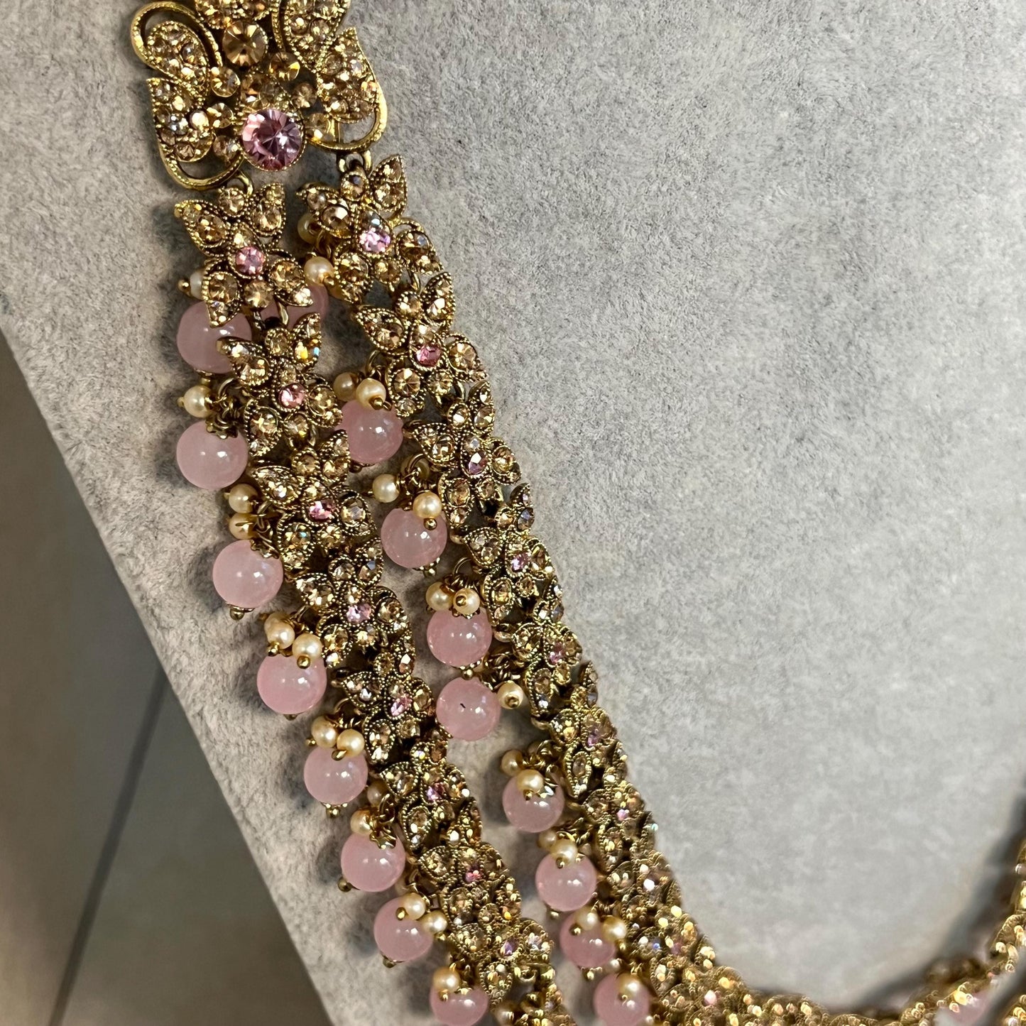 Light Pink/Gold long Choker Set/ Mala/Earring/ Jhumar and 2 Hand Harness Indian/ Pakistani/Fashion Jewellery/No Tikka/ Bridal/Choker Set