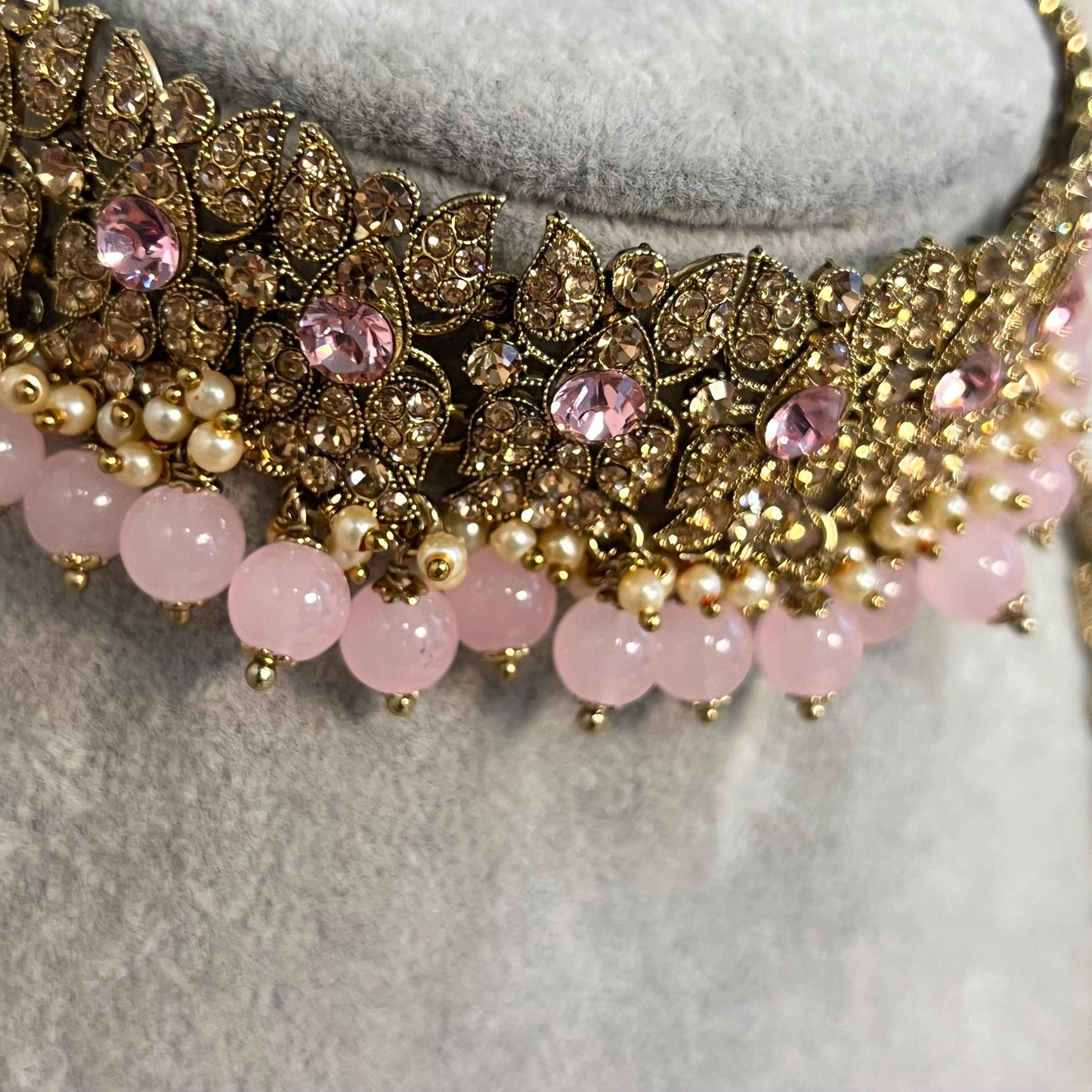 Light Pink/Gold long Choker Set/ Mala/Earring/ Jhumar and 2 Hand Harness Indian/ Pakistani/Fashion Jewellery/No Tikka/ Bridal/Choker Set