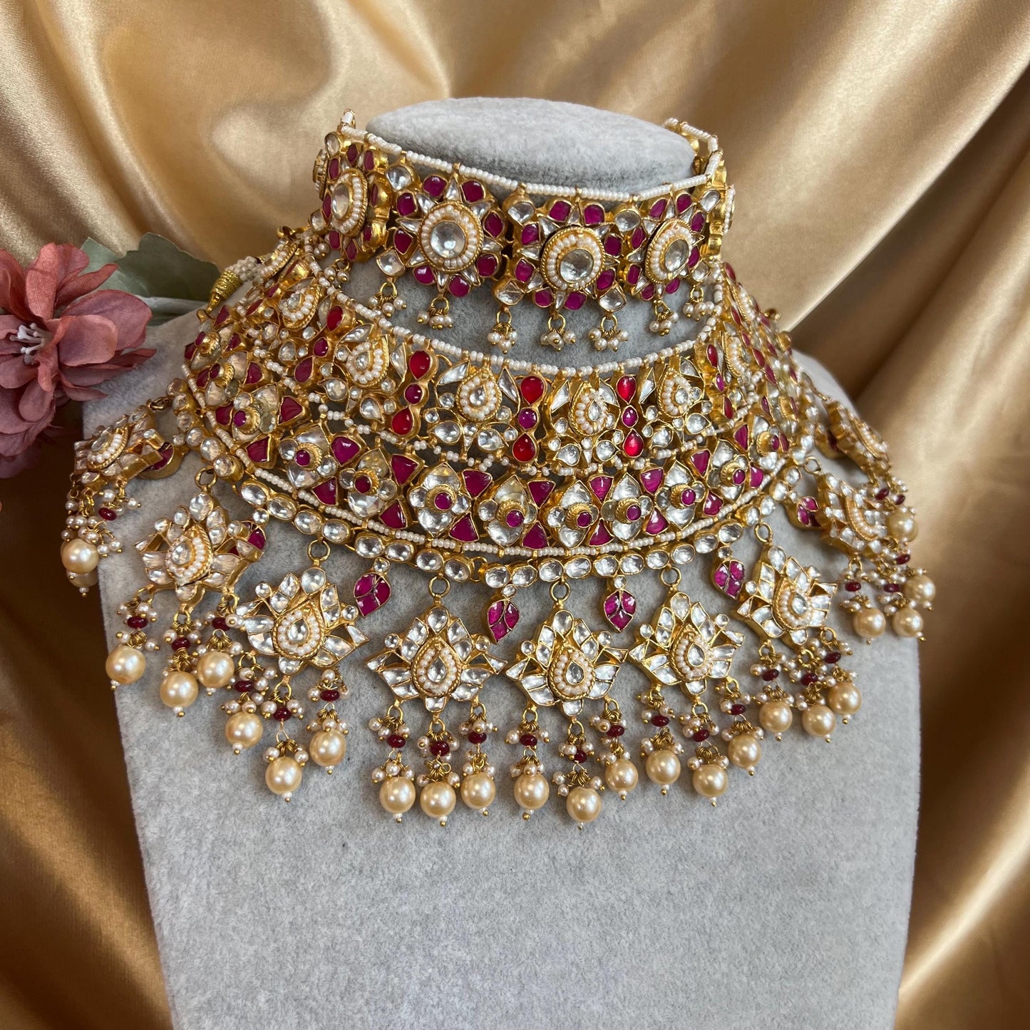Ruby Full Kundan Style: Bridal Set/ Indian/Pakistani Style/ Choker/ Necklace and Earring/ Bright Gold/ Clear Stones/ Champagne Beads