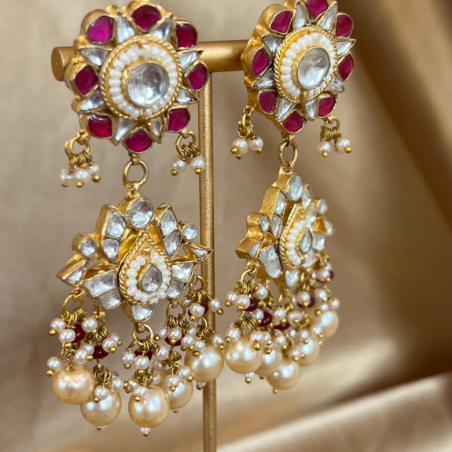 Ruby Full Kundan Style: Bridal Set/ Indian/Pakistani Style/ Choker/ Necklace and Earring/ Bright Gold/ Clear Stones/ Champagne Beads