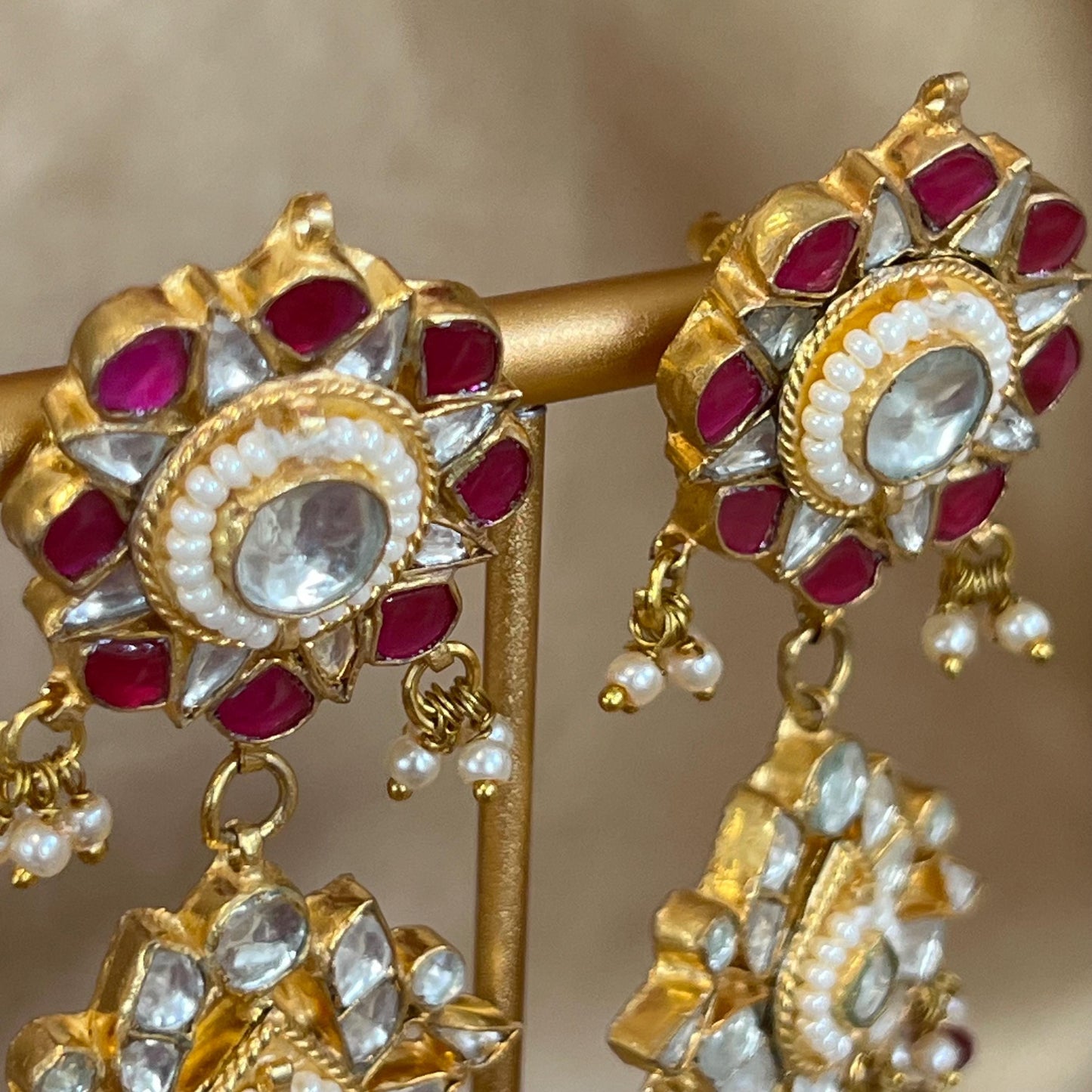 Ruby Full Kundan Style: Bridal Set/ Indian/Pakistani Style/ Choker/ Necklace and Earring/ Bright Gold/ Clear Stones/ Champagne Beads