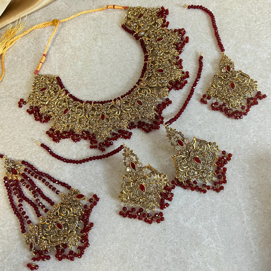 Maroon Bridal Necklace set Indian/ Pakistani Style/ Wedding/ Fashion Jewellery/Earring/ Tikka and Jhumar. Antique Gold With Rhinestone