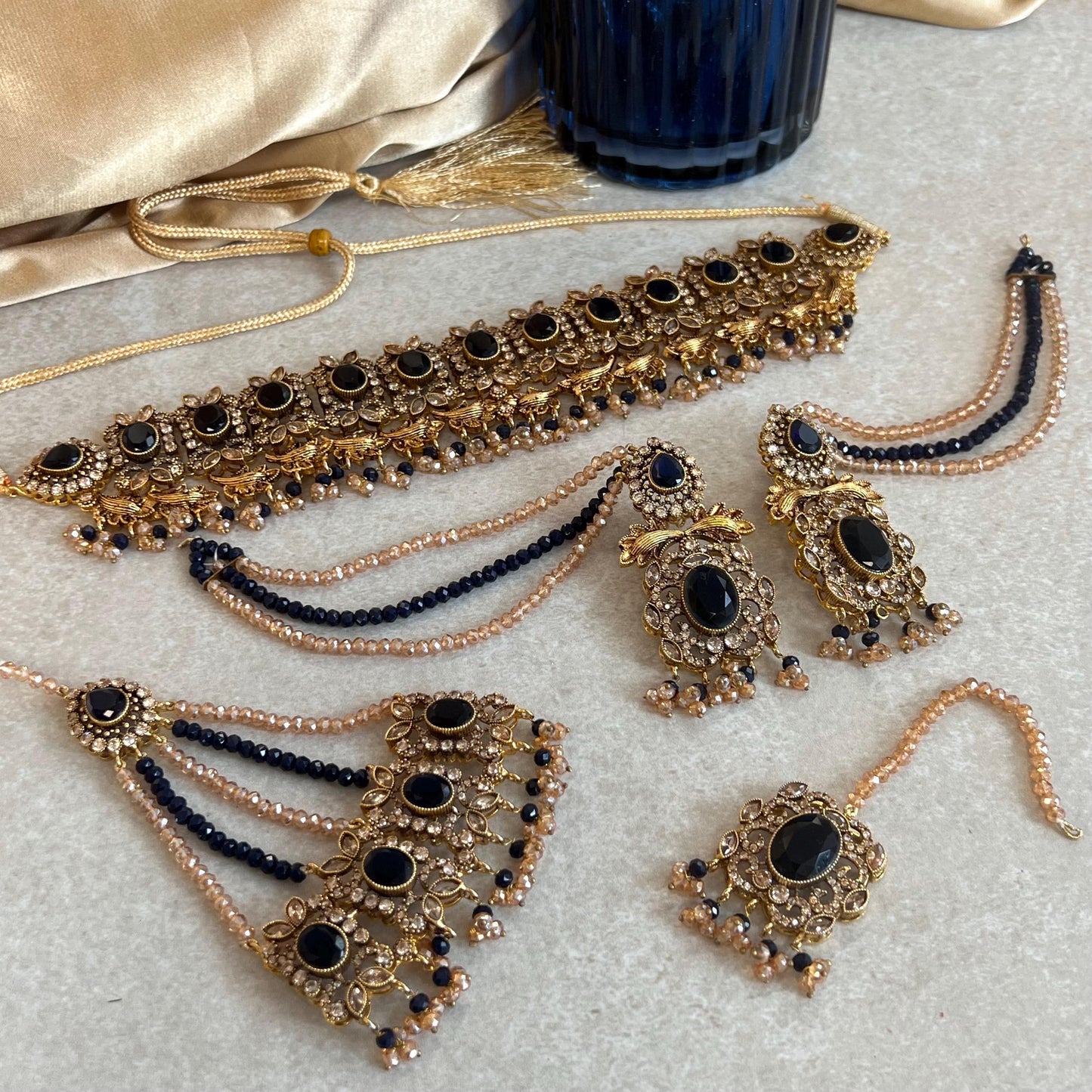 Navy Antique Gold Victorian Style Set-Vintage Design Earring/ Tikka/ Jhumar/ Indian/ Pakistani/Fashion Jewellery/ Gift for Women/ Rhinestone