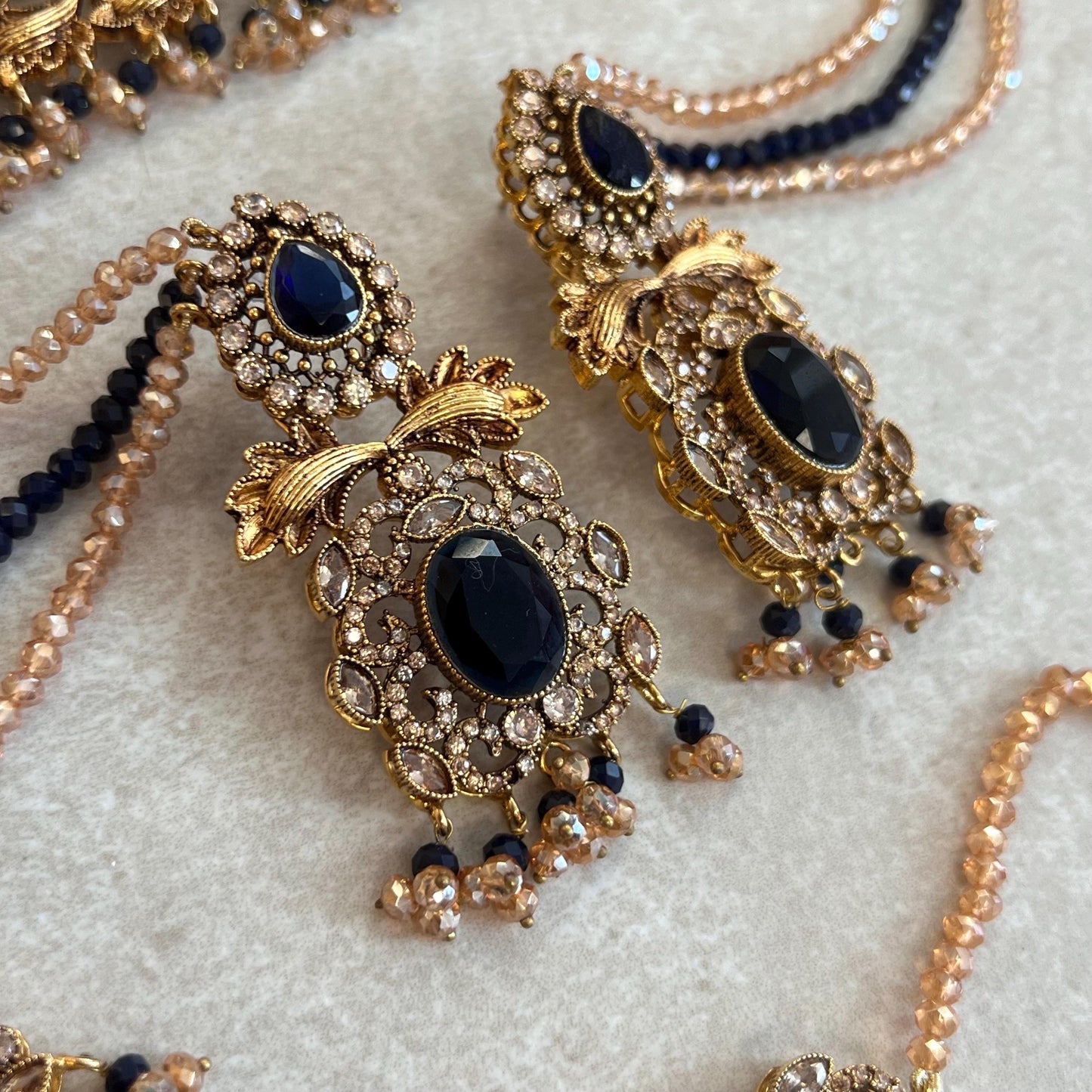 Navy Antique Gold Victorian Style Set-Vintage Design Earring/ Tikka/ Jhumar/ Indian/ Pakistani/Fashion Jewellery/ Gift for Women/ Rhinestone