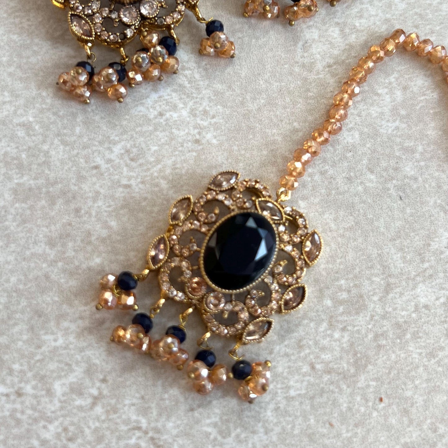 Navy Antique Gold Victorian Style Set-Vintage Design Earring/ Tikka/ Jhumar/ Indian/ Pakistani/Fashion Jewellery/ Gift for Women/ Rhinestone