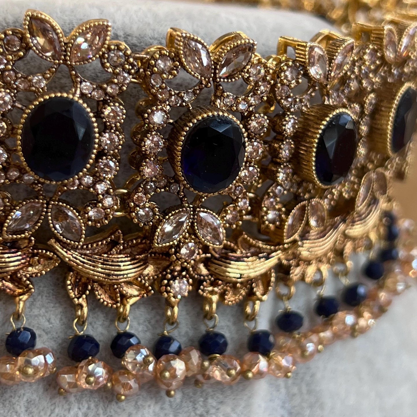 Navy Antique Gold Victorian Style Set-Vintage Design Earring/ Tikka/ Jhumar/ Indian/ Pakistani/Fashion Jewellery/ Gift for Women/ Rhinestone