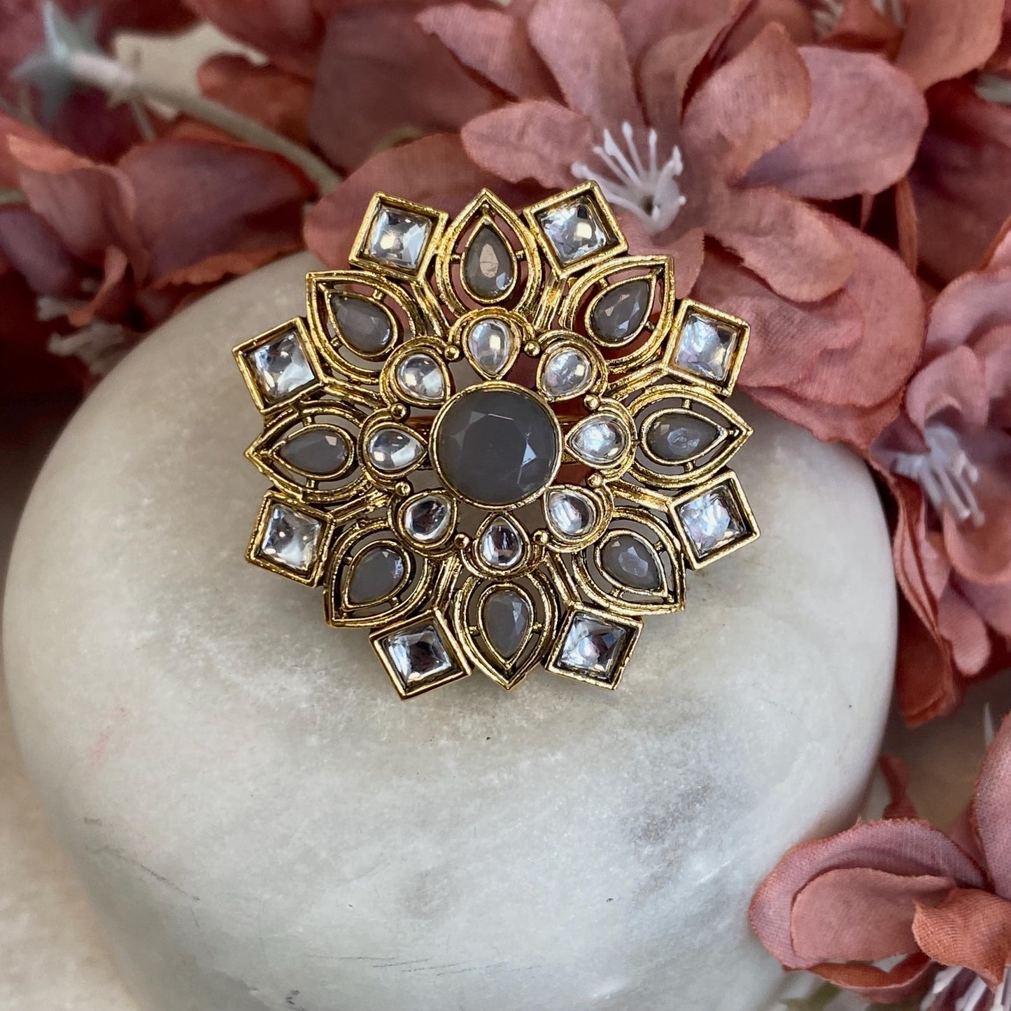 Grey Faux Kundan Adjustable Ring/ Fashion Jewellery/ Gift for Women/Indian/Pakistani style