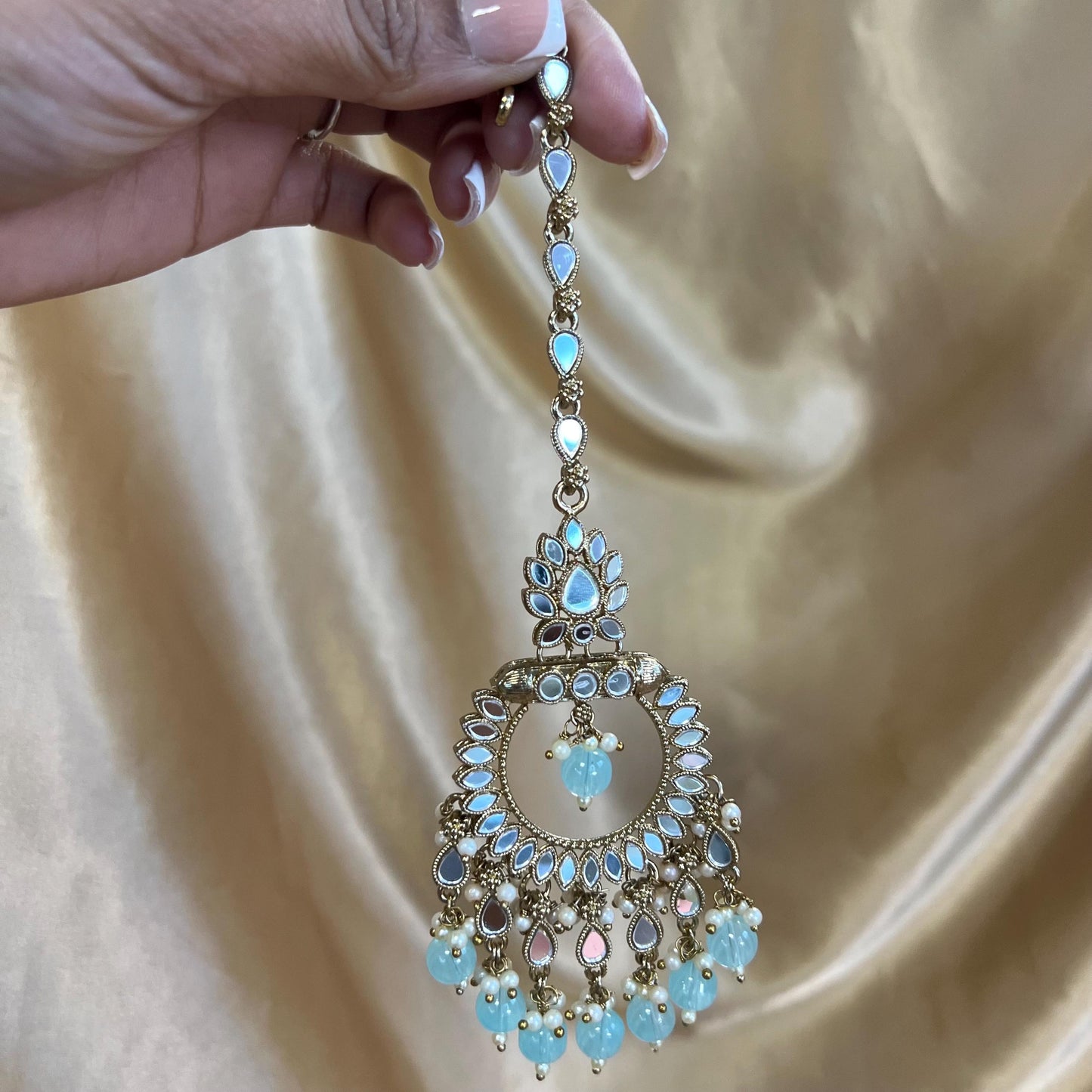 Light Blue Mirrored Tikka (Medium)/ Tikli/ Indian/ Pakistani Fashion Jewellery/Maang Tikkas