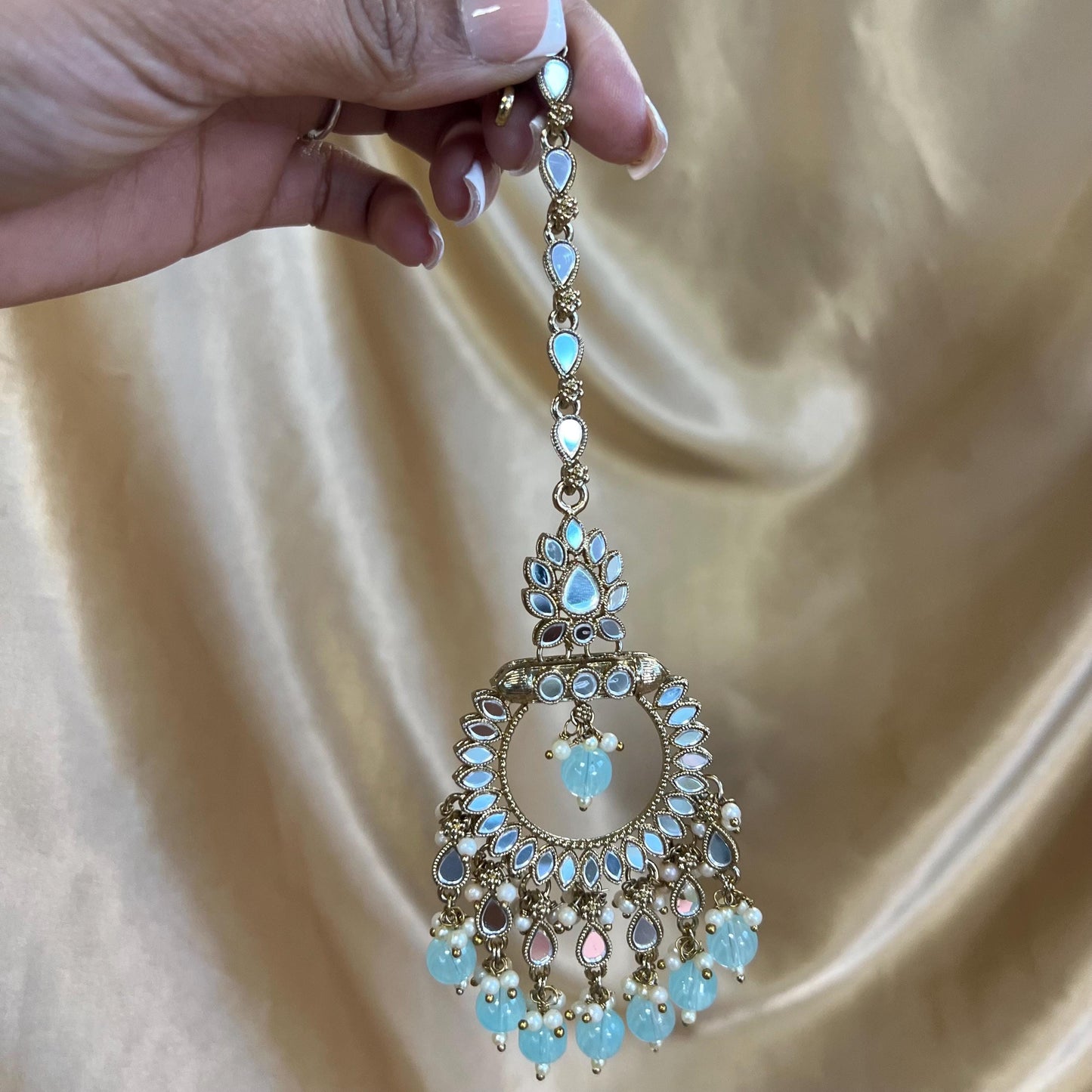 Light Blue Mirrored Tikka (Medium)/ Tikli/ Indian/ Pakistani Fashion Jewellery/Maang Tikkas
