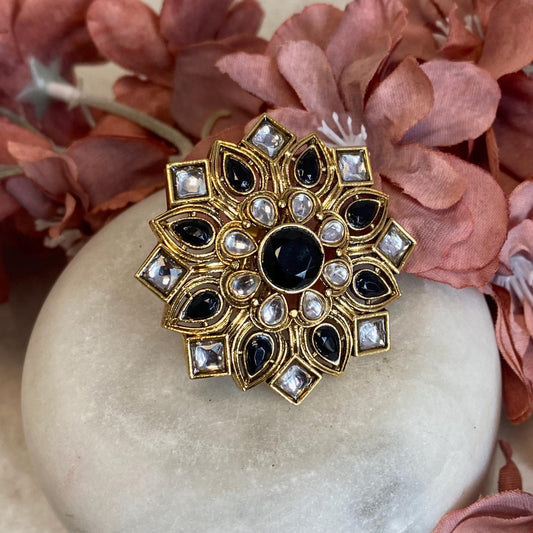 Black Faux Kundan Adjustable Ring/ Fashion Jewellery/ Gift for Women/Indian/Pakistani style