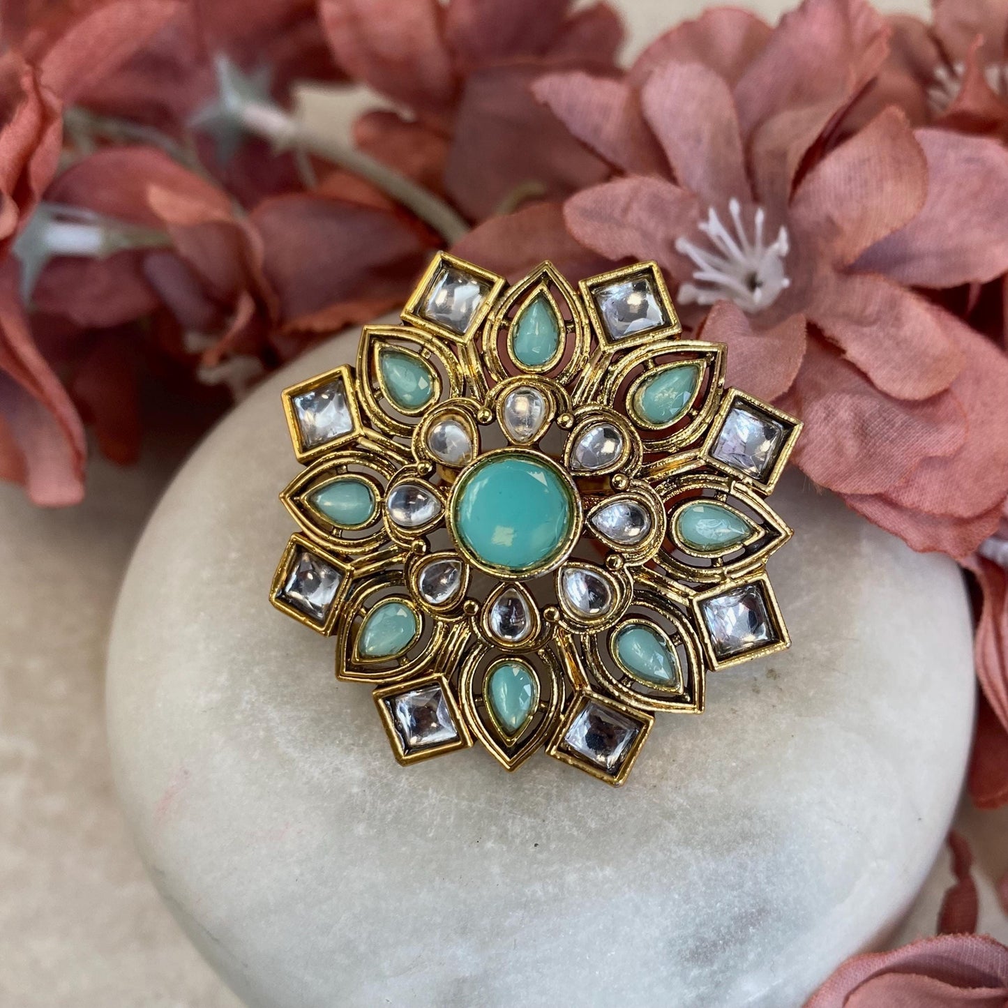 Light Blue Adjustable Kundan Ring/ Fashion Jewellery/ Gift for Women/Indian/Pakistani style