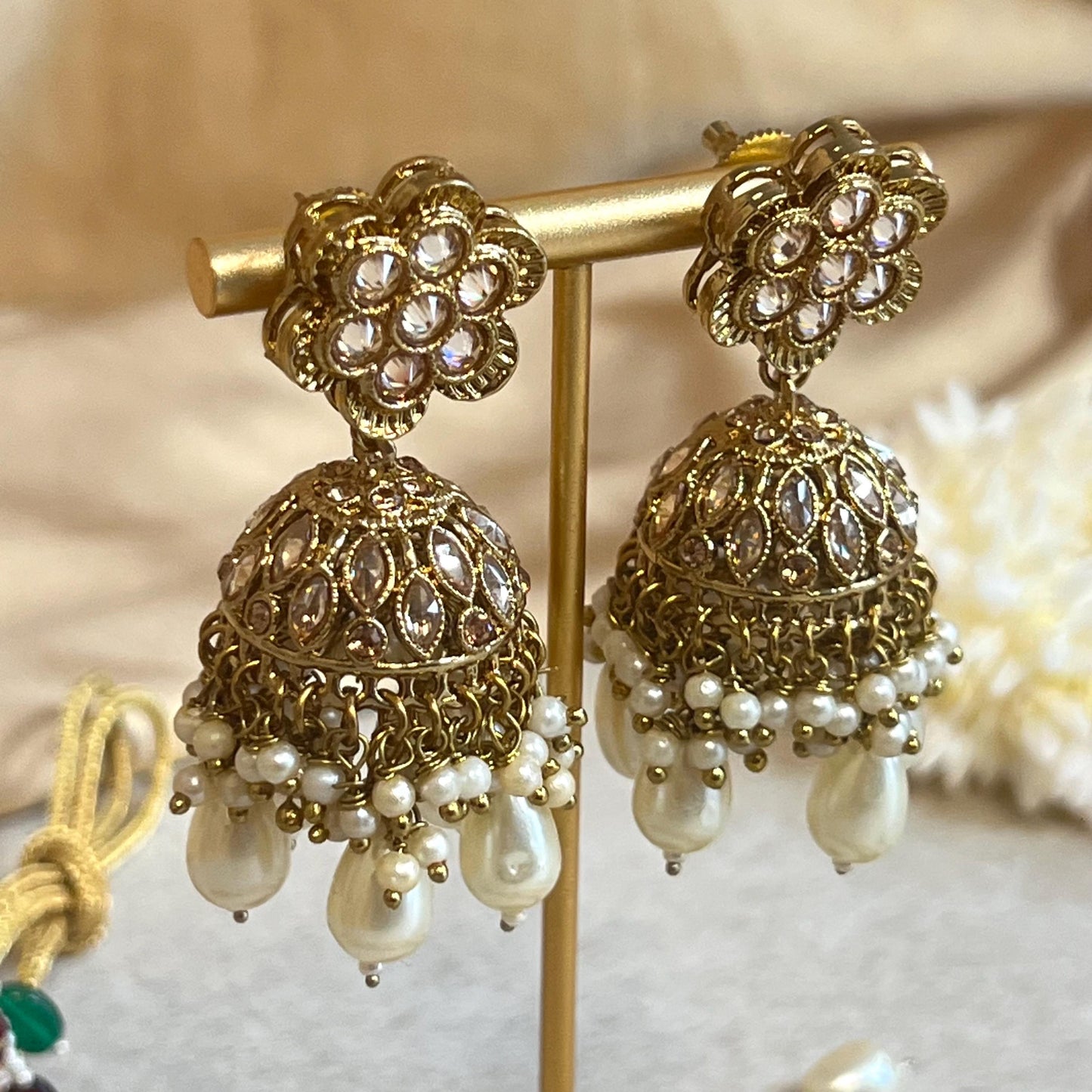 Pearl Antique Gold with Champagne Zircon Crystals.  Necklace Set Small Stud Earring and Tikka/ Indian/ Pakistani/Fashion Jewellery/ Gift