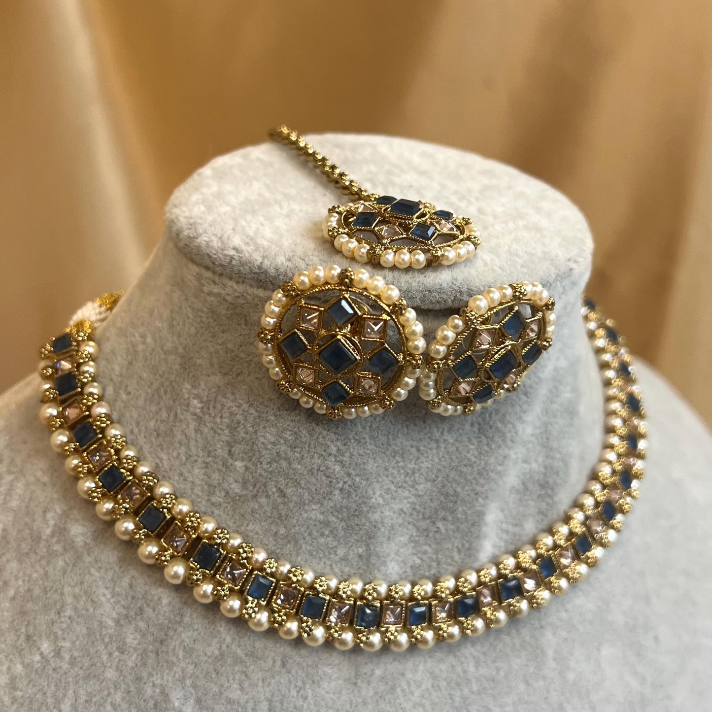 Blue Thin Necklace Set Earring/ Tikka/ Tikli/ Indian/ Pakistani/Fashion Jewellery/ Gift for Women/ Antique Gold with Champagne crystals