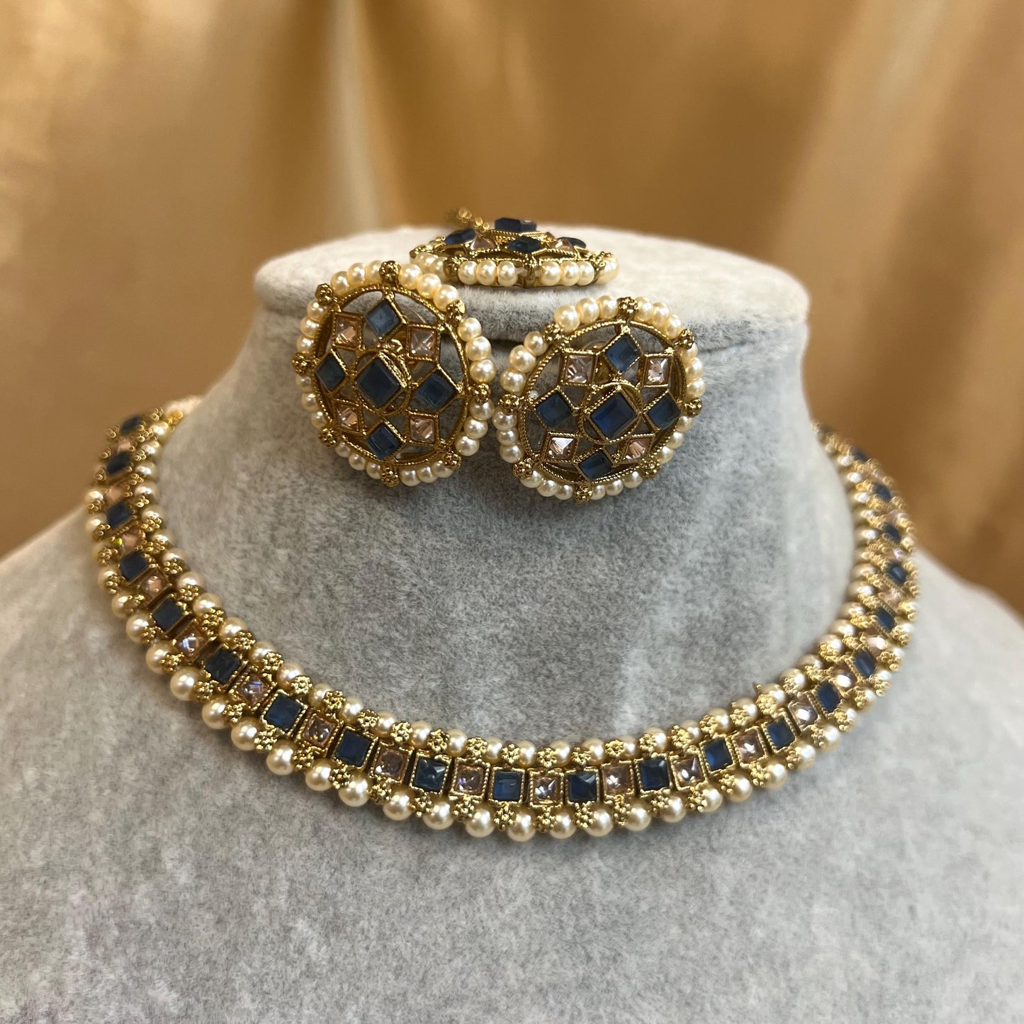 Blue Thin Necklace Set Earring/ Tikka/ Tikli/ Indian/ Pakistani/Fashion Jewellery/ Gift for Women/ Antique Gold with Champagne crystals