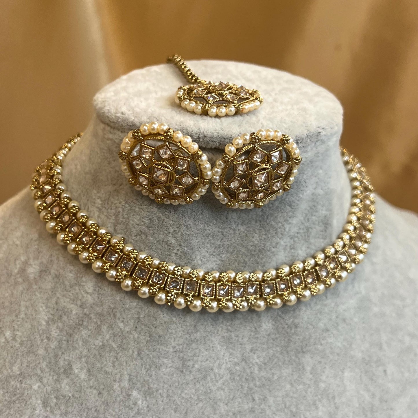 Pearl Thin Necklace Set Earring/ Tikka/ Tikli/ Indian/ Pakistani/Fashion Jewellery/ Gift for Women/ Antique Gold with Champagne crystals