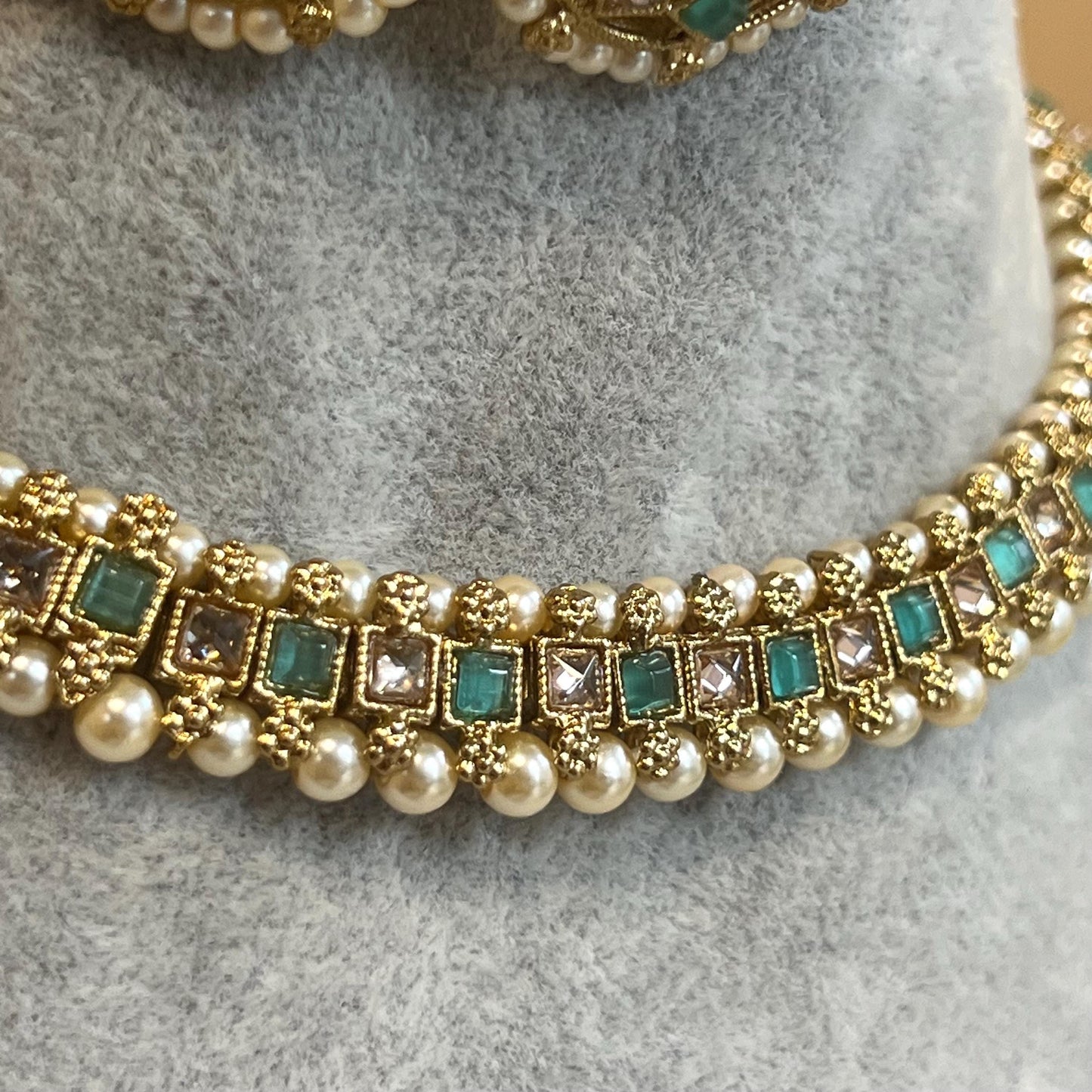 Green/Blue Thin Necklace Set Earring/ Tikka/ Tikli/ Indian/ Pakistani/Fashion Jewellery/ Gift for Women/ Antique Gold with Champagne